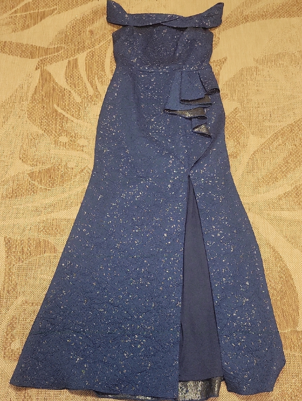 Adrianna Papell Navy One-Shoulder Ruffled Evening Gown